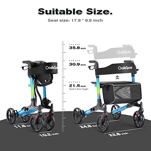OasisSpace Rollator Walker, Medical Rollator Walker with Seat, Foldable and Height Adjustable Rolling Walker with Storage Bag for Senior, 300Lbs(Blue)