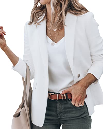 Newffr Women's Casual Blazer Long Sleeve Open Front Work Office Jacket With Pockets (As1, Alpha, Xx_L, Regular, Regular, White) #TOP13