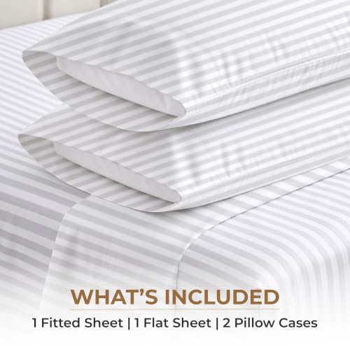 Image of SGI bedding 100% Egyptian Cotton Sheets Full XL Size - 600 Thread Count Sheets Set, Soft, Cooling, 15 inch Deep Pocket, Luxury Hotel Bedding, Breathable, Durable - White Stripe