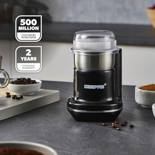Geepas Coffee Grinder | 200W Electric Coffee Grinder | Stainless Steel Blades for Coffee Beans Spices Herbs Dried Fruits & Nuts Grinding | Small Fixed Mill with Transparent Lid | 2 Year Warranty