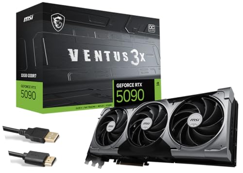 msi Ventus 3X FeForce RTX 5090 OC Edition 32 GB GDDR7, PCI Express Gen 5, Core Clocks Extreme: 2452 MHz, unità CUDA CORES 21760, velocità di memoria 28 Gbps, bundle con cavo HDMI