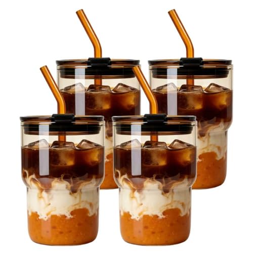Luxfuel 16oz Glass Tumbler with Lid & Straw, 4 Pack Iced Coffee Cups