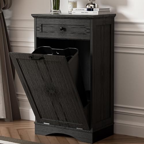 AHB 13 Gallons Tilt Out Trash Can Cabinet Hidden Kitchen Waste Bins Freestanding Recycling Trash Cabinet with Drawer Pet Proof Trash Can Holder for Kitchen Living Room, Black