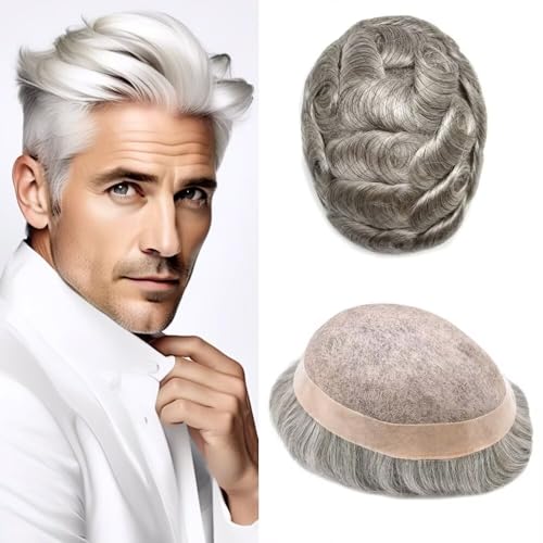 FACE MIRACLE Toupee for Men Human Hair Replacement System, Fine Mono Lace Center with NPU, 1/8" Folded Lace Front Natural Hairline Mens Hair Piece #380 3# DARK BROWN WITH 80% SYNTHETIC GREY 7 * 9