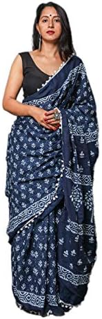 Shivanya Handicrafts Indigo Print Cotton Mulmul Saree for Women Attached Blouse Piece (indigo)