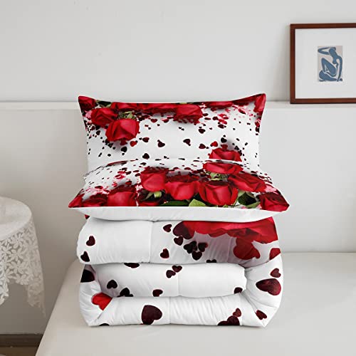 Image of Feelyou Rose Comforter Red Rose Petals Bedding Set Floral Bouquet Botanical Design Comforter Set Romantic Flowers Microfiber Duvet Set Valentine's Day Couple Lover Room Decor Quilt Set Queen Size