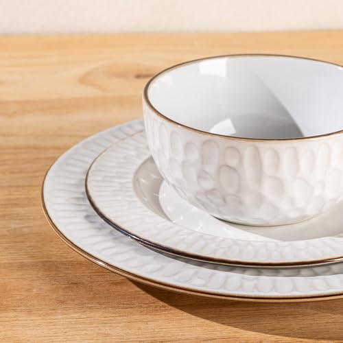 Image of GBHOME Ceramic Dinnerware Sets,18 pcs Embossed Elegant Stoneware Plates and Bowls Sets, Housewarming Wedding Gift | Dishwasher & Microwave Safe | Dishes Set Service for 6