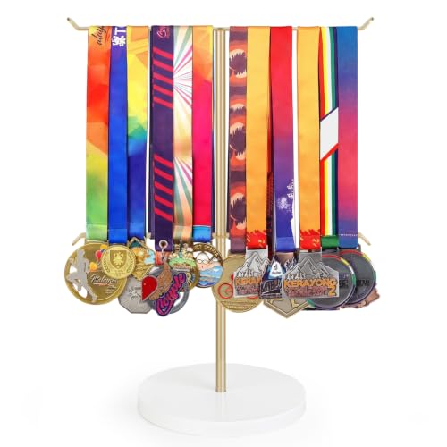 Image of Mkono Medal Hanger Display, Metal Medal Holder, Race Award Medals Display Stand for Running, Sports, Marathon, Wrestling, Taekwondo, Wood and Iron Material, 12x16 Inches (Gold and white)