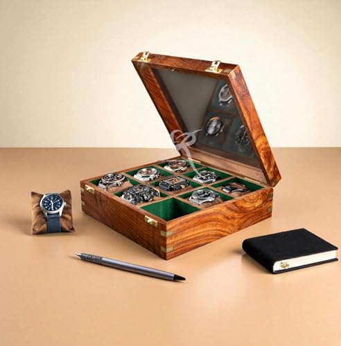 Image of Royal Craft Expertise Men's Watch Box - 9 Slot Organizer in Indian Rosewood | Velvet Lining, Glass Lid | Solid Wood Watch Display Case | Premium Gift for Him & Special Occasions