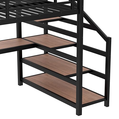 Image of Bellemave Full loft Bed with Storage Stairs, Shelves, Metal Full Loft Beds with LED Lights, USB Ports, Multifunctional Iron Nets for Adults, Kids, Teens, Black