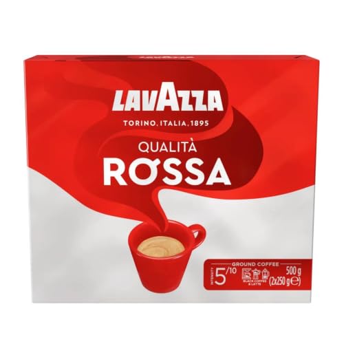 Lavazza, Qualità Rossa, Café Molido Natural, 2 Paquetes de 250 g, Ideal para Cafetera Italiana, de Filtro y Francesa, con Notas Aromáticas de Chocolate, Arábica y Robusta, Intensidad 5, Tueste Medio