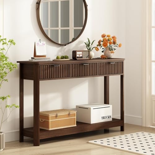 RUSTOWN Fluted Wood Console Table with 3 Drawers, Boho Narrow Behind Couch Entryway Table with Open Storage Shelf, Modern Sofa Table for Living Room, Foyer and Hallway (Dark Walnut)