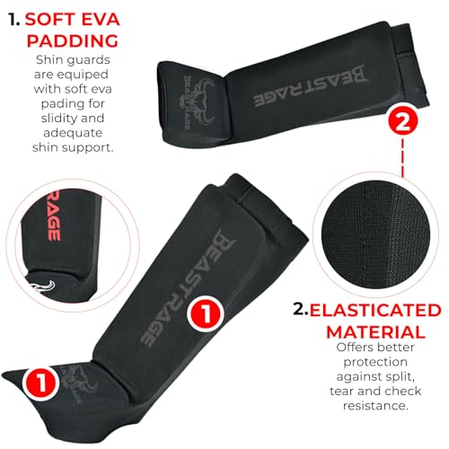 Schienbeinschoner für Muay Thai, Kickboxen, MMA, Taekwondo, Boxen, Kampfsport, elastische Socken, gepolsterte Beinspannschutzpolster, Schienbeinschoner, Sparringstraining, Karate, BJJ M, SCHWARZ