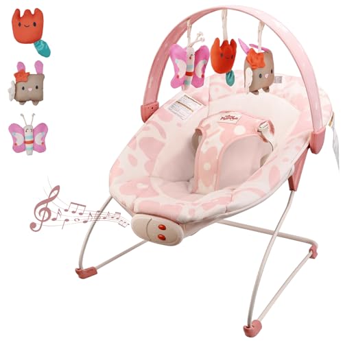 Baby Bouncer – Baby Bouncer seat, Infants Bouncy Seat with Music & Sensory Toys, Machine Washable Seat Pad Indoor Infant Seat, Ideal for Newborns 0-6 Months, 20lbs (Pink Floral)