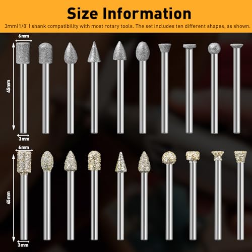 20 Stück Diamant Fräser Set für Dremel, 46 Körnung und 120 Körnung Diamant Frässtifte Schleifstifte mit 1/8 Schaft für Stein Glas Keramik Schleifen, Schnitzen, Polieren, Gravieren, Bohren