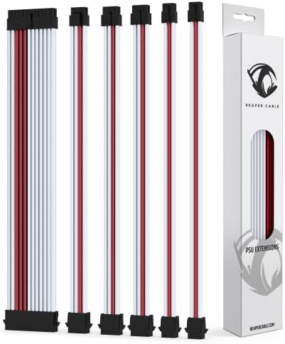 Reaper Cable Sleeved PSU Extension Set - Power Supply Extensions - 1x 24 Pin/ 2x 8 Pin/ 2x 6 Pin/ 1x 4+4 Pin - With Combs - 30cm (White & Carbon)