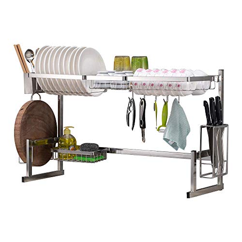 SOPRANNOMIN SUS304 Estante para Secar Platos de Acero Inoxidable Escurridor Sobre el Fregadero Organizador de platos Estante de Almacenamiento de Cocina Estante de cocina plateado (W85*H53*D28CM)
