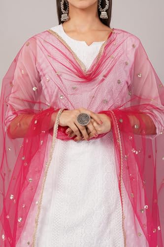 Image of Net Butti Dupatta for Women | Golden Lace Border Chunni | Butti Work Odhani | Wedding & Bridal Styling | Lightweight Drape | Kurti & Salwar Suit