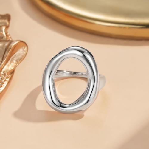 YeGieonr Gold Rings for Women Non Tarnish - 18K Gold Plated Stainless Steel Chunky Oval Statement Ring, Dainty Thick Waterproof Stackable Ring (O Shape Silver, 8) - Image 4