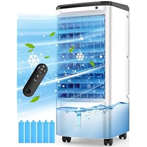 Evaporative Air Cooler, Swamp Cooler Air Conditioner w/ 12H Timer for Auto-off, 6 Upgraded Ice Packs, 3-Speed Windowless Air Conditioner, Smart Remote, Dual Tank Portable Air Cooler for Room