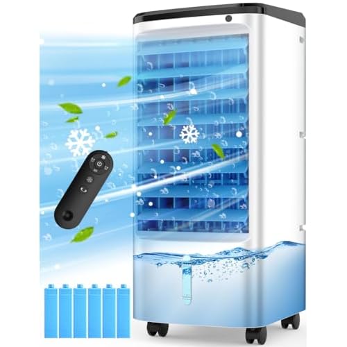 Evaporative Air Cooler, Swamp Cooler Air Conditioner w/ 12H Timer for Auto-off, 6 Upgraded Ice Packs, 3-Speed Windowless Air Conditioner, Smart Remote, Dual Tank Portable Air Cooler for Room