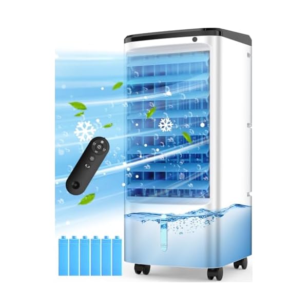 Evaporative Air Cooler, Swamp Cooler Air Conditioner w/ 12H Timer for Auto-off, 6 Upgraded Ice Packs, 3-Speed Windowless Air Conditioner, Smart Remote, Dual Tank Portable Air Cooler for Room
