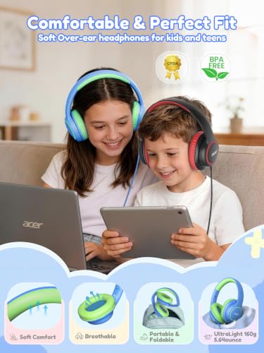 Image of Acer OHW328 Kids Headphones Wired for School - Over Ear Design | 85 /94dB Safe Volume, 3.5mm Jack Foldable Headphones for Kids Boys Girls Classroom Yoto Player Chromebook Travel Blue Green