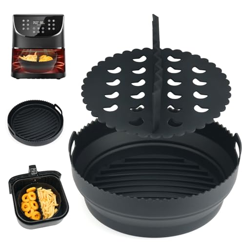 BYKITCHEN Air Fryer Liner Silicone with Divider, Silicone Air Fryer Accessories for Ninja Max/Cosori/Russell Hobbs/Tefal from 4.7L-5.2L Air Fryer, 8 Inch Reusable Air Fryer Basket Liner