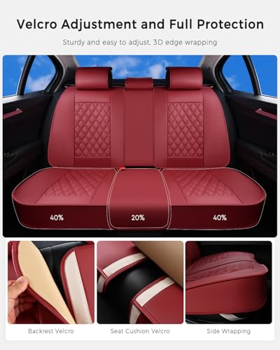 Image of Huidasource Rear Car Seat Cover, Nappa Leather Rear Seat Cover Velcro Adjustable, Compatible with Seat Belts, Child Safety Seats, Universal Fit for Most Cars SUVs Trucks (Back Row /Red)