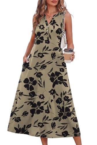 OFEEFAN Summer Dresses for Women Beach Vacation Clothes Cruise Resort Wear Outfits 2026 Sun Dress Flowy Midi Maxi Dresses for Seniors Sundresses Spring Dresses Vintage Black Beige Tropical Leaves S