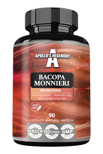 Bacopa Monnieri Extrakt 500mg Brahmi-Extrakt (50% Bacoside) 90 vegane Kapseln 3 Monate Vorrat Nahrungsergänzungsmittel für verbesserte geistige Klarheit und Konzentration von Apollos Hegemony