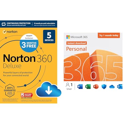 Norton 360 Deluxe, 2024 Ready, Antivirus software for 5 Devices + Microsoft 365 (Office) 1-Month | Activation Required | Auto-renewing