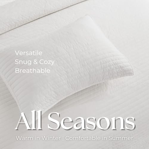 DOWN HOME King Quilt Bedding Set with Shams, Vintage Washed Soft Quilted Blanket Thin Comforter Lightweight Bedspread Coverlet Bed Cover, Brushed Microfiber Stripe Stitching, Snow White, 104"x90" by DOWN HOME - Used condition - Image 7
