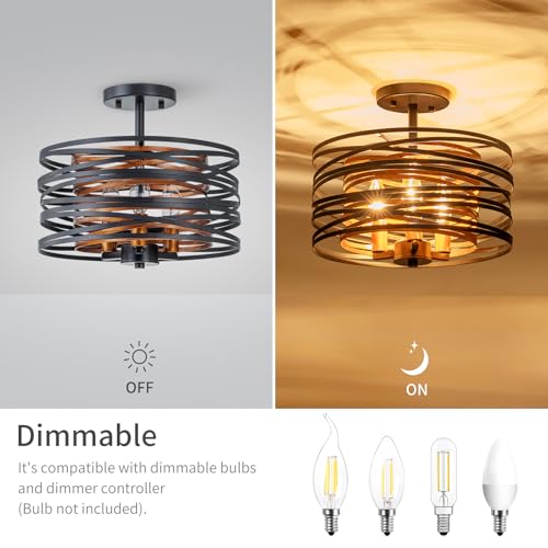 LumFurn D13in Farmhouse Drum Ceiling Light, 3-Light Rustic Design Semi-Flushmount Close to Ceiling Light Fixture for Kitchen, Foyer & Bedroom, D13xH11in, Matte Black & Wood Texture Finish by LumFurn - Used condition - Image 3