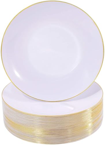 Nervure 100 Pieces Gold Plastic Plates - 10.25 inch Gold Dinner Plates - Heavyweight White and Gold Disposable Plates Ideal for Wedding & Party