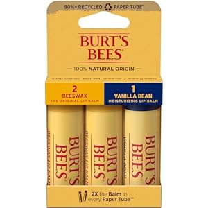 Burt’s Bees Lip Balm, 3 Larger Recycled Paper Tubes with 2x the Balm per Tube, Moisturizing Lip Care for All Day Hydration – 2 Original Beeswax & 1 Vanilla (3 Pack)