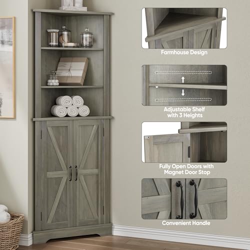 649-Tall-Bathroom-Corner-Cabinet-Farmhouse-Floor-Corner-Cabinet-with-Doors-and-Adjustable-Shelves-Freestanding-Wooden-Storage-Hutch-Cupboard-for-Bathroom-Kitchen-Living-Room-Grey 649 Tall Bathroom Corner Cabinet Farmhouse Floor Corner Cabinet with Doors and Adjustable Shelves Freestanding Wooden Storage Hutch Cupboard for Bathroom Kitchen Living Room Grey