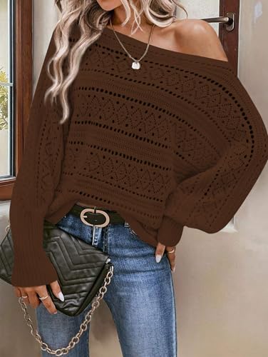 Image of Cakulo Womens Off Shoulder Sweater Top Fall Outfits Fashion 2025 Oversized Knit Batwing Long Sleeve Crochet Pullover Sweaters