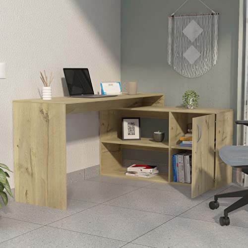 FM FURNITURE Dallas L-Shaped Home Office Desk, with Two Shelves and One Drawer - Light Oak Color. for Office