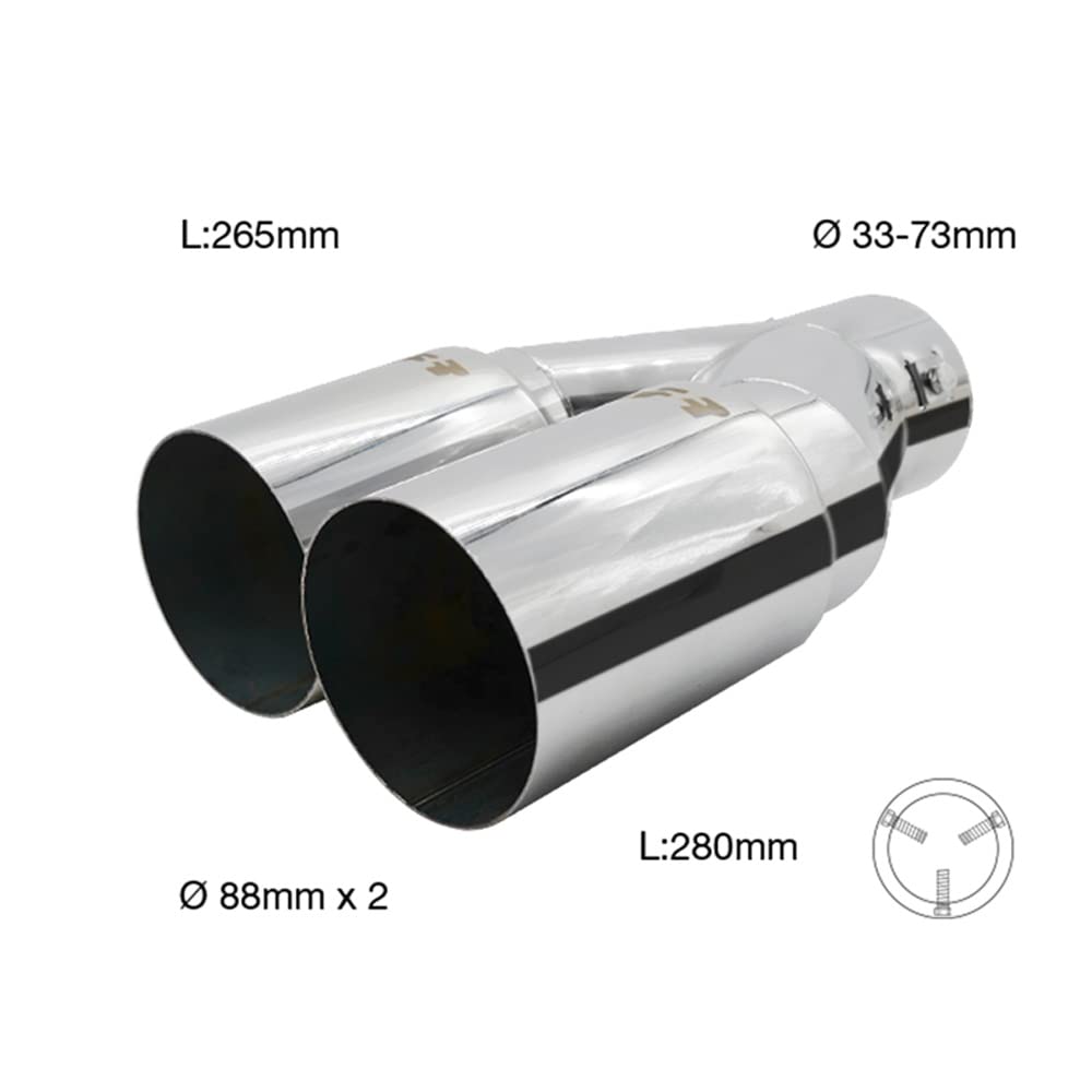 Simoni Racing Cola de Tubo de Escape Deportiva Doble Redonda Acero Inoxidable - Ø88xL265/280mm - Montaje 33->73mm