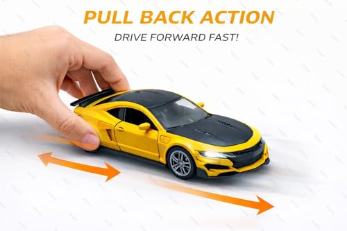 Image of 1:36 Scale Chevrolet Camaro Toy Car - Die-Cast Metal Pull Back Vehicle with Openable Doors, Lights & Music - Sports Model for Kids, Boys & Collectors (Yellow)