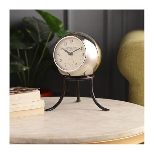 Image of Decor de Maison Handcrafted Seated Sphere Analog Table Clock for Living Room, Bedroom, Study Table | Classic Non-Ticking Tabletop Battery Operated Desk Clock in Silver & Black (18x18x23cm)
