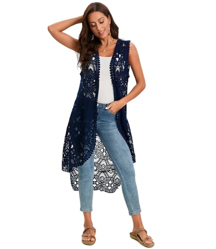 Image of Women's Crochet Long Vest Sleeveless Lace Cardigan Hollow Out Kimino Cover Up