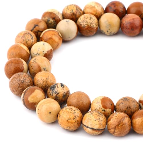 Bymitel 45 pcs Natural Genuine Real Round Loose Stone Beads Gemstone Spacers for Charm DIY Jewelry Making 15.5" per Strand 8mm (Yellow Picture Jasper, 8mm)