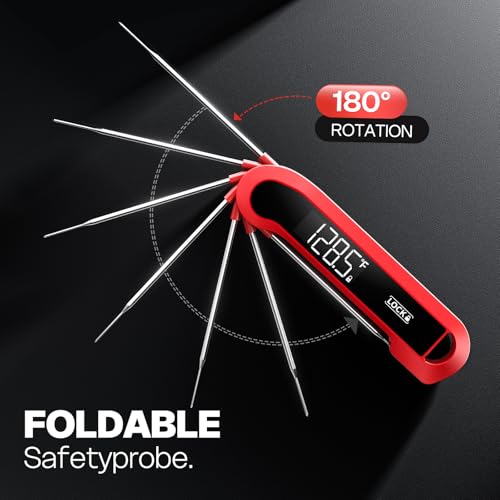 0.3 Sec Instant Read Thermometer for Cooking, IP67 Waterproof, Auto-Rotating Backlit Display, Red