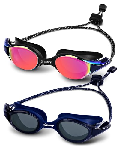 Keary 2pc Racing Swim Goggles for Adult Men Women Youth Swimming Goggles Bungee Strap Soft Silicone Leakproof Anti Fog UV Protection 180 ° Panoramic Clear Vision Goggles for Training and Competition