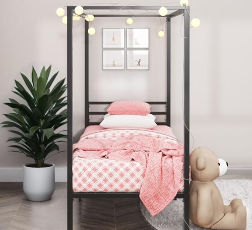 Zinus Patricia Black Canopy Four Poster Bed Frame with Metal Slats, Under-Bed Storage - Queen Size Mattress Platform for Bedroom Furniture