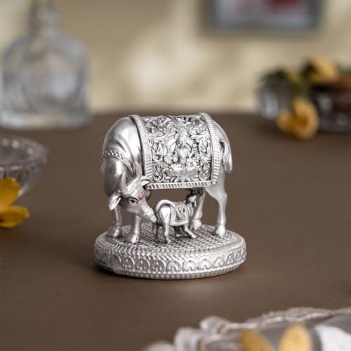 Image of Svastika 999 Silver Plated Kamdhenu Cow with Calf Idol | 2.5 Inch Kamadhenu Gomatha Vastu Showpiece | Kaamdhenu Idol for Puja | Anniversary Wedding Housewarming Gift