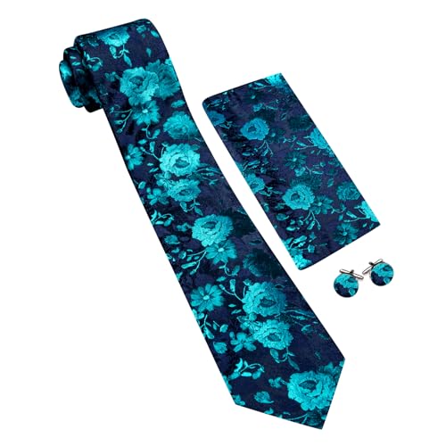 Image of Barry.Wang Flower Ties for Men Handkerchief Cufflinks Set Wedding Necktie Set Party