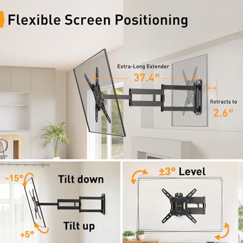 Image of Perlegear Long Arm TV Wall Mount for 32-65″ TVs, 37.4 inch Long Extension Corner TV Mount, Max VESA 400x400mm, Articulating Arms Full Motion Wall Mount Bracket with Swivel and Tilt, Holds up to 110 lbs